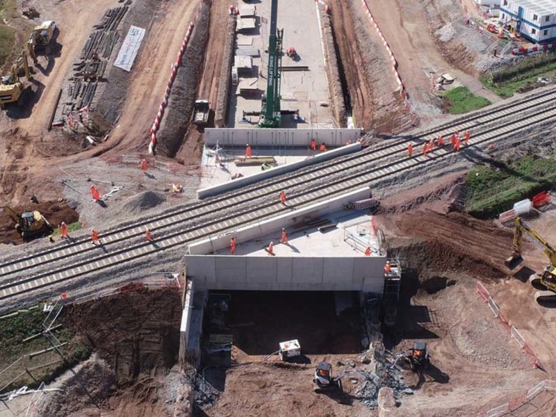 The new HS2 bridge carrying the route under railway tracks in Streethay