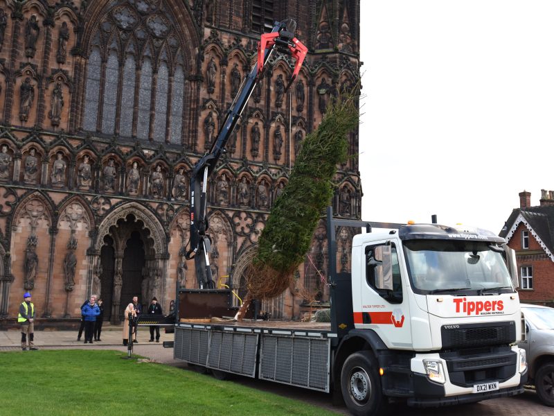 The Christmas tree being unloaded at Lichfield Cathedral